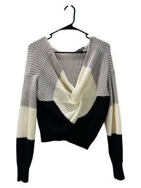 Twist Front Knit Sweater Reversible Black Cream Grey